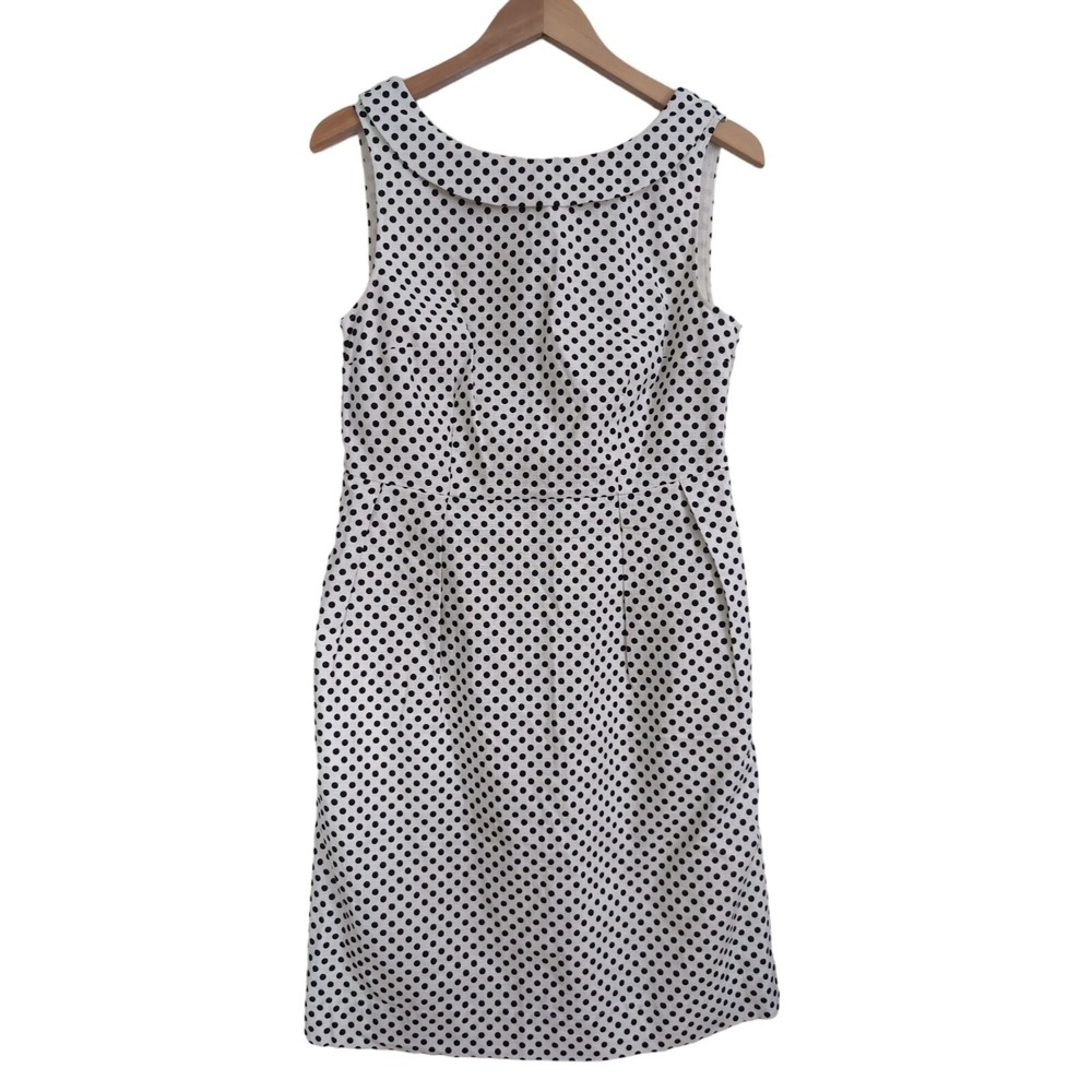 Lands End Sheath Dress Womens 6 White Black Polka Dot Sleeveless Career Feminine